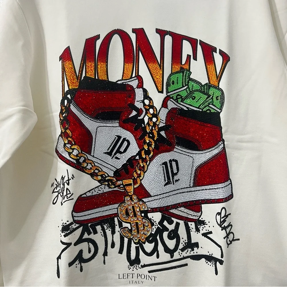 Left Point Sweatshirt Money Sneakers Graffiti Rhinestones Y2K 90s Streetwear 3XL